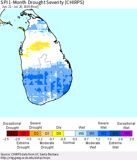 Sri Lanka SPI 1-Month Drought Severity (CHIRPS) Thematic Map For 6/21/2019 - 7/20/2019