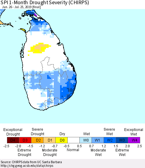 Sri Lanka SPI 1-Month Drought Severity (CHIRPS) Thematic Map For 6/26/2019 - 7/25/2019