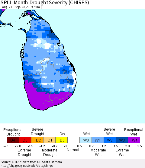 Sri Lanka SPI 1-Month Drought Severity (CHIRPS) Thematic Map For 8/21/2019 - 9/20/2019