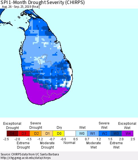 Sri Lanka SPI 1-Month Drought Severity (CHIRPS) Thematic Map For 8/26/2019 - 9/25/2019