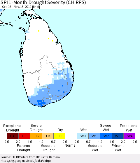 Sri Lanka SPI 1-Month Drought Severity (CHIRPS) Thematic Map For 10/16/2019 - 11/15/2019