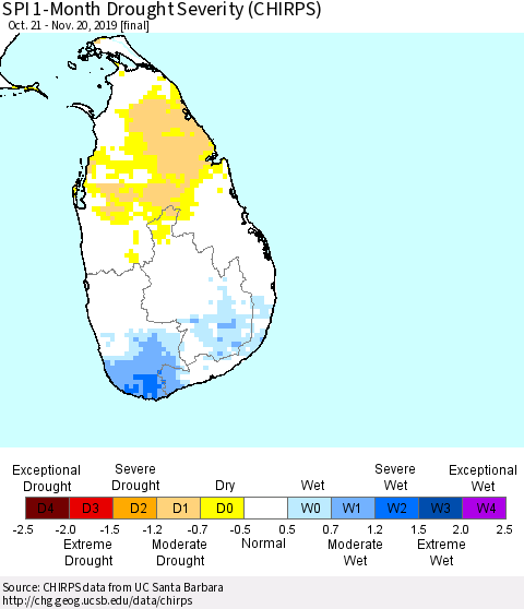Sri Lanka SPI 1-Month Drought Severity (CHIRPS) Thematic Map For 10/21/2019 - 11/20/2019