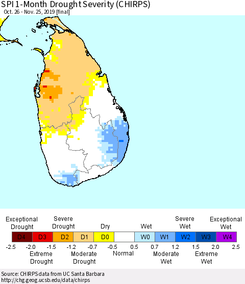 Sri Lanka SPI 1-Month Drought Severity (CHIRPS) Thematic Map For 10/26/2019 - 11/25/2019