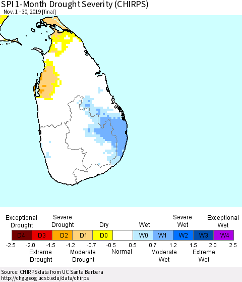 Sri Lanka SPI 1-Month Drought Severity (CHIRPS) Thematic Map For 11/1/2019 - 11/30/2019