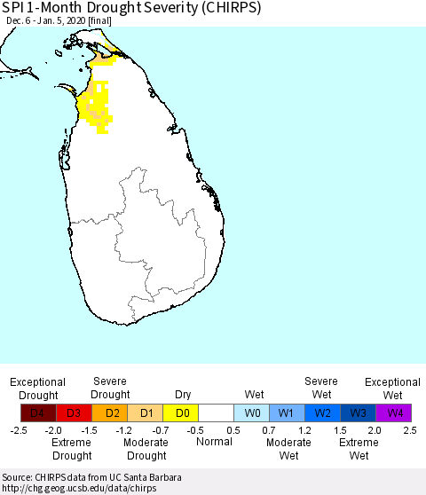 Sri Lanka SPI 1-Month Drought Severity (CHIRPS) Thematic Map For 12/6/2019 - 1/5/2020