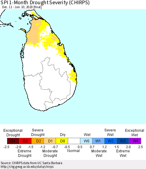 Sri Lanka SPI 1-Month Drought Severity (CHIRPS) Thematic Map For 12/11/2019 - 1/10/2020