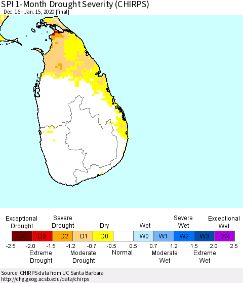 Sri Lanka SPI 1-Month Drought Severity (CHIRPS) Thematic Map For 12/16/2019 - 1/15/2020