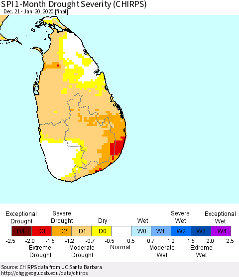 Sri Lanka SPI 1-Month Drought Severity (CHIRPS) Thematic Map For 12/21/2019 - 1/20/2020
