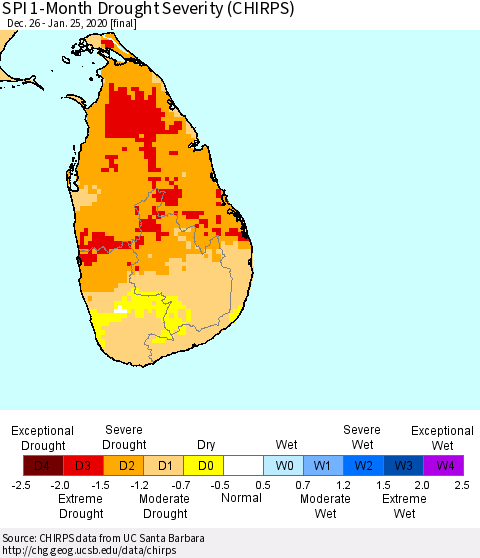 Sri Lanka SPI 1-Month Drought Severity (CHIRPS) Thematic Map For 12/26/2019 - 1/25/2020