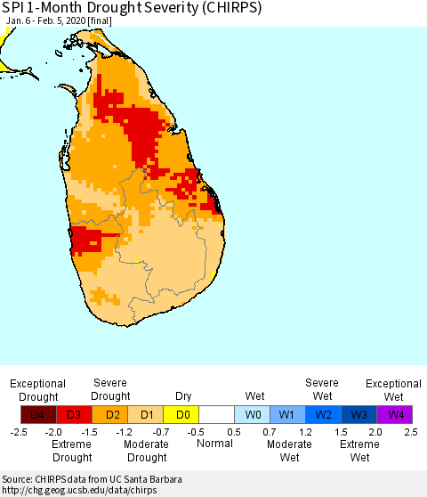 Sri Lanka SPI 1-Month Drought Severity (CHIRPS) Thematic Map For 1/6/2020 - 2/5/2020