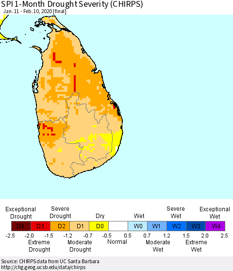Sri Lanka SPI 1-Month Drought Severity (CHIRPS) Thematic Map For 1/11/2020 - 2/10/2020