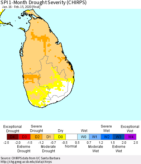 Sri Lanka SPI 1-Month Drought Severity (CHIRPS) Thematic Map For 1/16/2020 - 2/15/2020