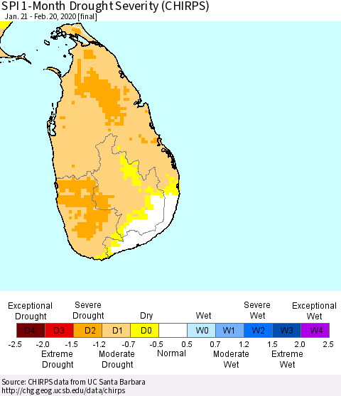 Sri Lanka SPI 1-Month Drought Severity (CHIRPS) Thematic Map For 1/21/2020 - 2/20/2020