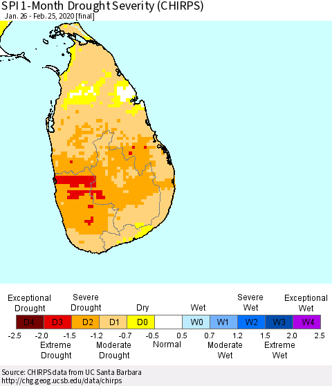 Sri Lanka SPI 1-Month Drought Severity (CHIRPS) Thematic Map For 1/26/2020 - 2/25/2020