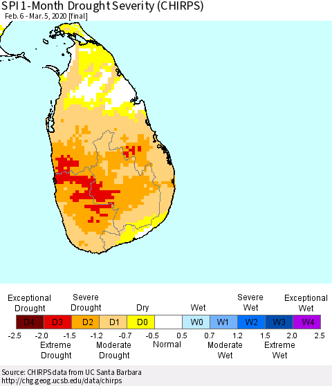 Sri Lanka SPI 1-Month Drought Severity (CHIRPS) Thematic Map For 2/6/2020 - 3/5/2020