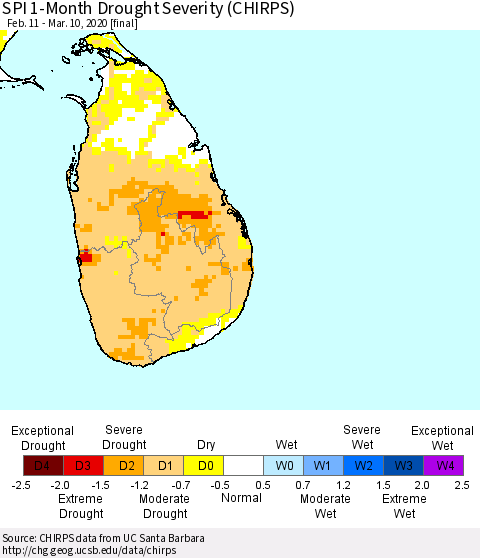 Sri Lanka SPI 1-Month Drought Severity (CHIRPS) Thematic Map For 2/11/2020 - 3/10/2020