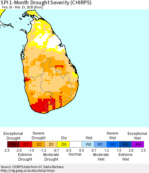 Sri Lanka SPI 1-Month Drought Severity (CHIRPS) Thematic Map For 2/16/2020 - 3/15/2020