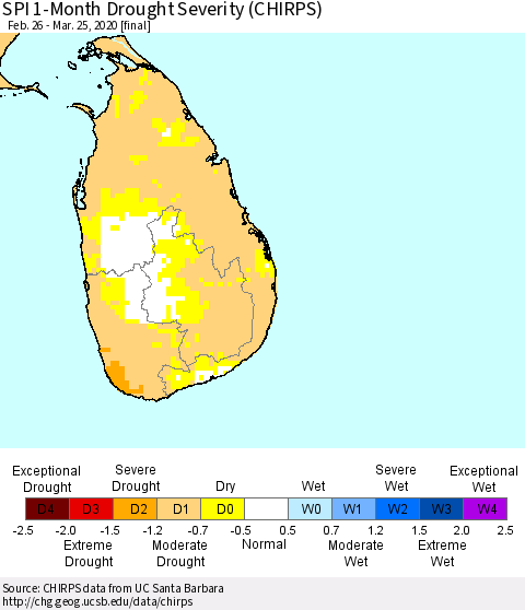 Sri Lanka SPI 1-Month Drought Severity (CHIRPS) Thematic Map For 2/26/2020 - 3/25/2020