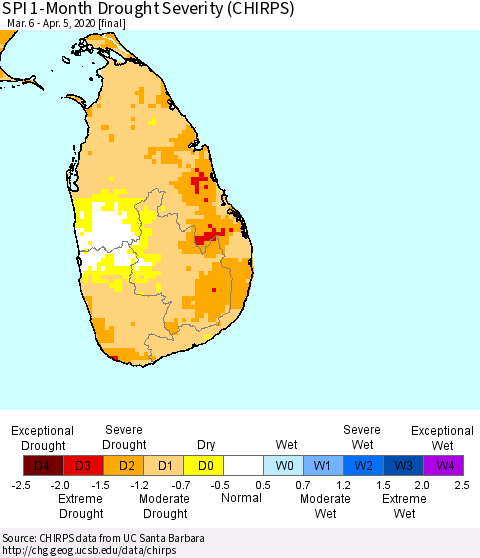 Sri Lanka SPI 1-Month Drought Severity (CHIRPS) Thematic Map For 3/6/2020 - 4/5/2020