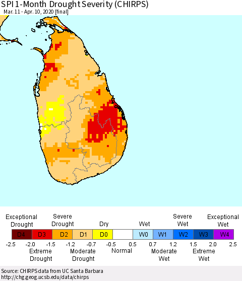 Sri Lanka SPI 1-Month Drought Severity (CHIRPS) Thematic Map For 3/11/2020 - 4/10/2020