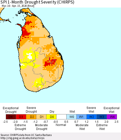Sri Lanka SPI 1-Month Drought Severity (CHIRPS) Thematic Map For 3/16/2020 - 4/15/2020