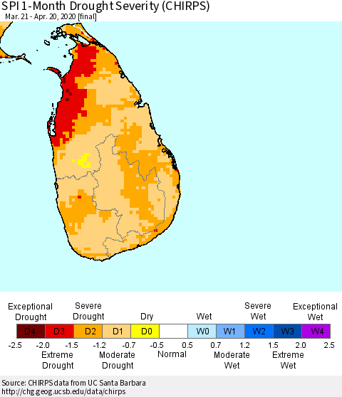Sri Lanka SPI 1-Month Drought Severity (CHIRPS) Thematic Map For 3/21/2020 - 4/20/2020