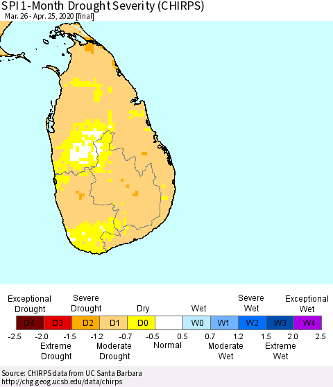 Sri Lanka SPI 1-Month Drought Severity (CHIRPS) Thematic Map For 3/26/2020 - 4/25/2020