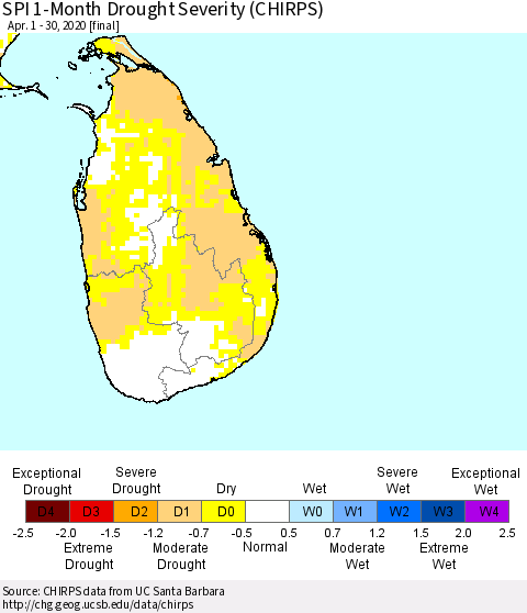 Sri Lanka SPI 1-Month Drought Severity (CHIRPS) Thematic Map For 4/1/2020 - 4/30/2020