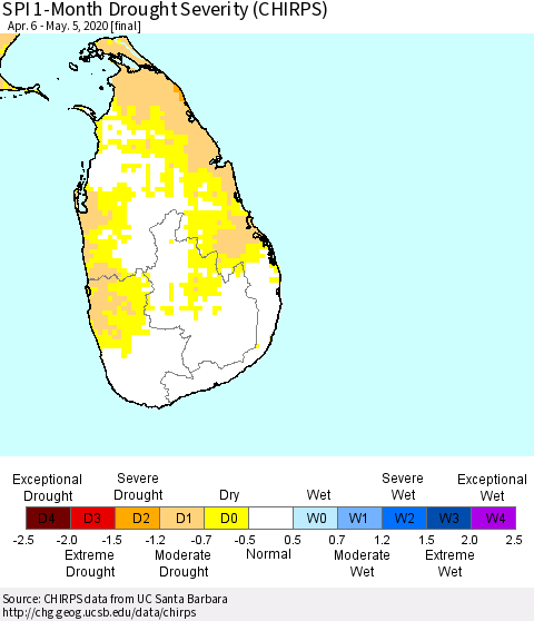 Sri Lanka SPI 1-Month Drought Severity (CHIRPS) Thematic Map For 4/6/2020 - 5/5/2020