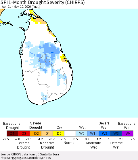 Sri Lanka SPI 1-Month Drought Severity (CHIRPS) Thematic Map For 4/11/2020 - 5/10/2020