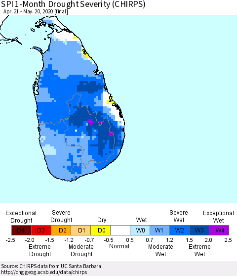 Sri Lanka SPI 1-Month Drought Severity (CHIRPS) Thematic Map For 4/21/2020 - 5/20/2020