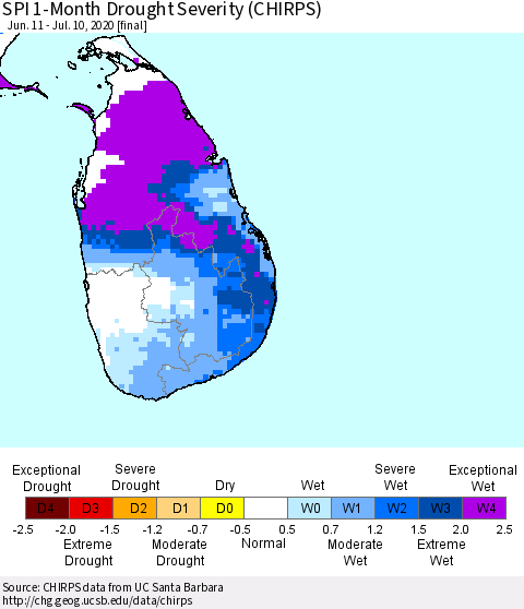 Sri Lanka SPI 1-Month Drought Severity (CHIRPS) Thematic Map For 6/11/2020 - 7/10/2020