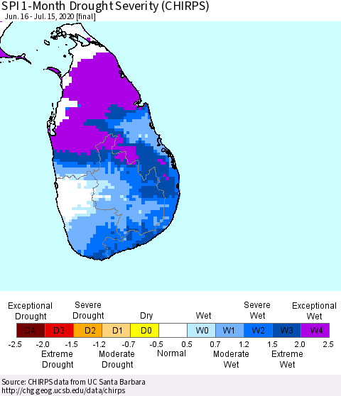 Sri Lanka SPI 1-Month Drought Severity (CHIRPS) Thematic Map For 6/16/2020 - 7/15/2020