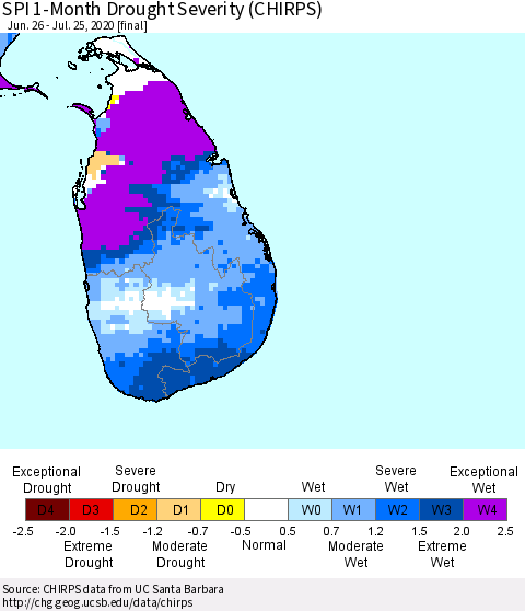 Sri Lanka SPI 1-Month Drought Severity (CHIRPS) Thematic Map For 6/26/2020 - 7/25/2020