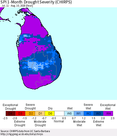 Sri Lanka SPI 1-Month Drought Severity (CHIRPS) Thematic Map For 7/11/2020 - 8/10/2020