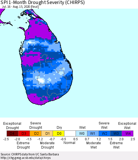 Sri Lanka SPI 1-Month Drought Severity (CHIRPS) Thematic Map For 7/16/2020 - 8/15/2020