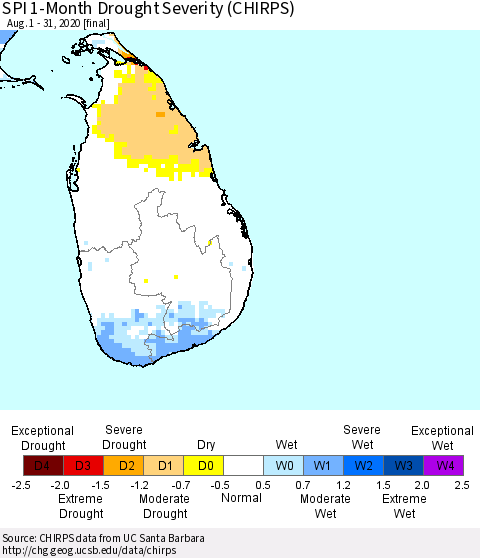 Sri Lanka SPI 1-Month Drought Severity (CHIRPS) Thematic Map For 8/1/2020 - 8/31/2020