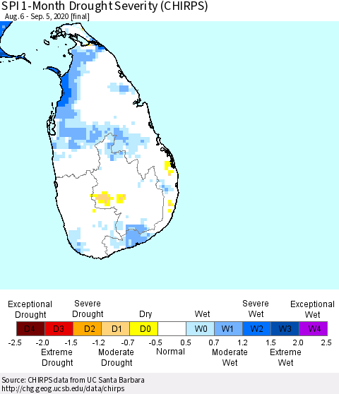 Sri Lanka SPI 1-Month Drought Severity (CHIRPS) Thematic Map For 8/6/2020 - 9/5/2020