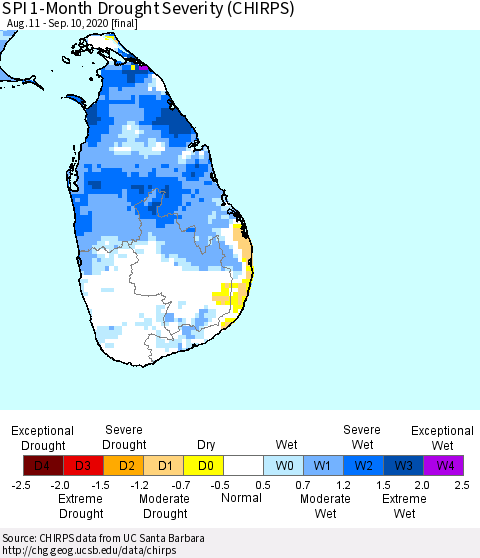 Sri Lanka SPI 1-Month Drought Severity (CHIRPS) Thematic Map For 8/11/2020 - 9/10/2020