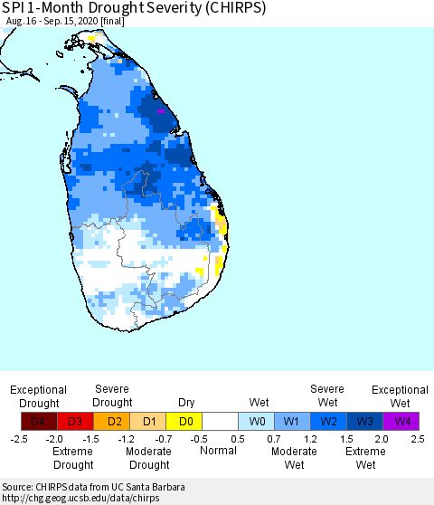 Sri Lanka SPI 1-Month Drought Severity (CHIRPS) Thematic Map For 8/16/2020 - 9/15/2020