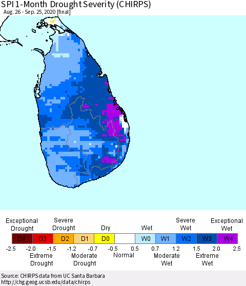 Sri Lanka SPI 1-Month Drought Severity (CHIRPS) Thematic Map For 8/26/2020 - 9/25/2020