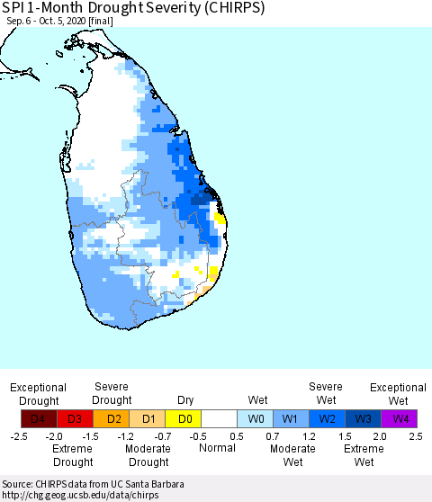 Sri Lanka SPI 1-Month Drought Severity (CHIRPS) Thematic Map For 9/6/2020 - 10/5/2020