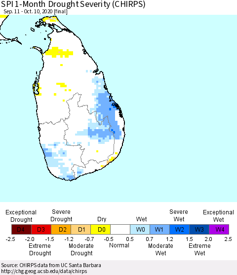 Sri Lanka SPI 1-Month Drought Severity (CHIRPS) Thematic Map For 9/11/2020 - 10/10/2020