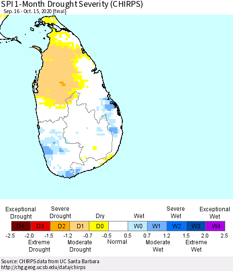 Sri Lanka SPI 1-Month Drought Severity (CHIRPS) Thematic Map For 9/16/2020 - 10/15/2020