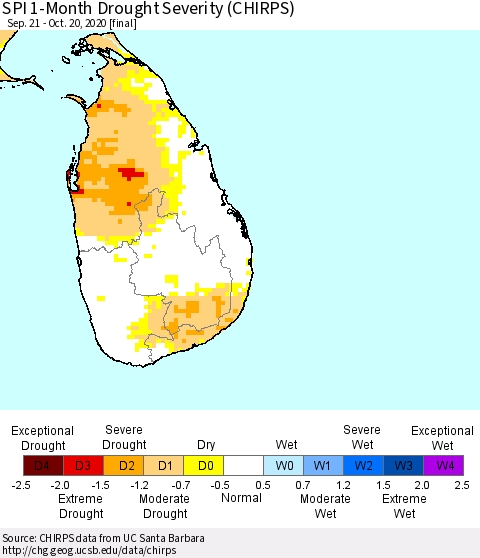 Sri Lanka SPI 1-Month Drought Severity (CHIRPS) Thematic Map For 9/21/2020 - 10/20/2020
