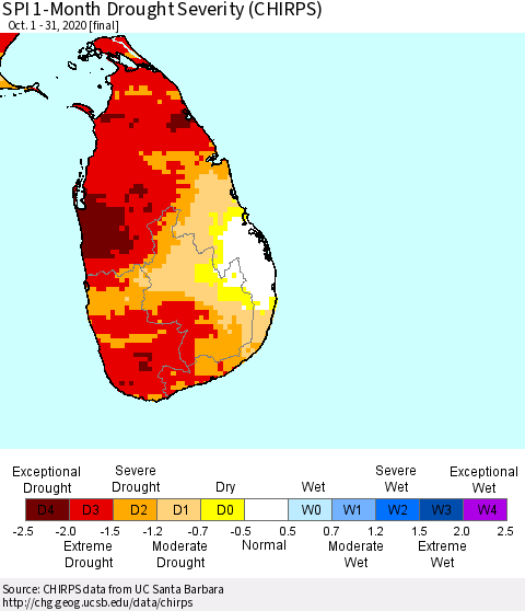 Sri Lanka SPI 1-Month Drought Severity (CHIRPS) Thematic Map For 10/1/2020 - 10/31/2020