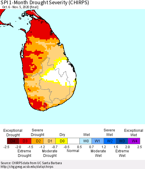 Sri Lanka SPI 1-Month Drought Severity (CHIRPS) Thematic Map For 10/6/2020 - 11/5/2020