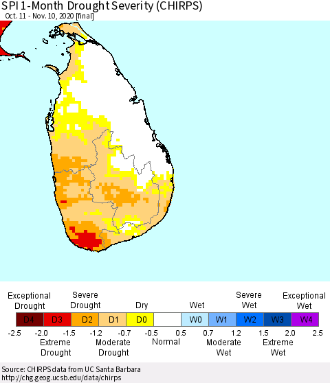 Sri Lanka SPI 1-Month Drought Severity (CHIRPS) Thematic Map For 10/11/2020 - 11/10/2020
