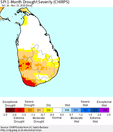 Sri Lanka SPI 1-Month Drought Severity (CHIRPS) Thematic Map For 10/16/2020 - 11/15/2020