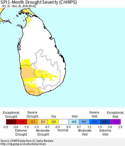 Sri Lanka SPI 1-Month Drought Severity (CHIRPS) Thematic Map For 10/21/2020 - 11/20/2020